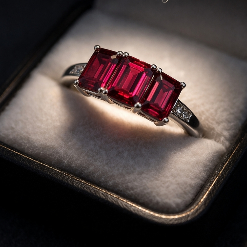 Vtg 925 Ruby Red Ruby Emerald Cut Three-Stone Tri… - image 2